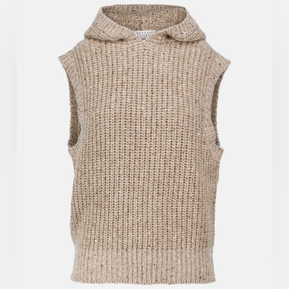 Brunello Cucinelli Tan Sleeveless Knit Hoodie